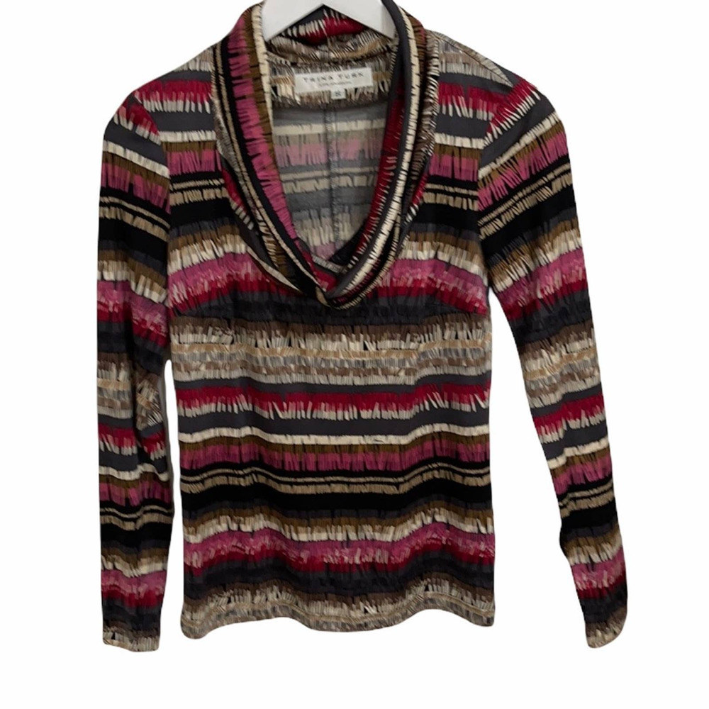 Trina Turk Graphic Stripe Silk Cowl Neck Stretch Top SZ S